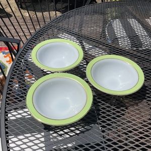 Pyrex Milk Glass Dessert Fruit Bowls Lime Green & Gold Banding Set of 3 6.25"